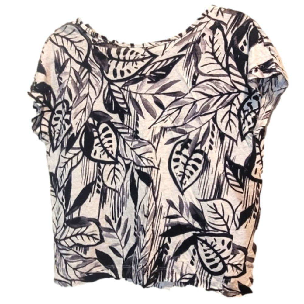Tahari Black/White Tropical Leaf Print 100% Linen Shirt Size M